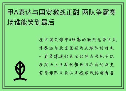 甲A泰达与国安激战正酣 两队争霸赛场谁能笑到最后
